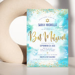 Invitation Bat mitzvah moderne feuille or turquoise aquarelle<br><div class="desc">Soyez fier, réjouissez-vous et présentez cette étape importante de votre Bat mitzvah préféré ! Envoyez cette fausse feuille d'or brillant, moderne, étincelante, des points de parties scintillant et un script de typographie contre un arrière - plan d'aquarelle turquoise, invitation personnalisée pour un événement à se souvenir. Personnalisez le texte personnalisé...</div>