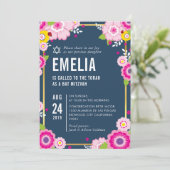 Invitation BAT MITZVAH moderne floral brillant rose marine (Debout devant)