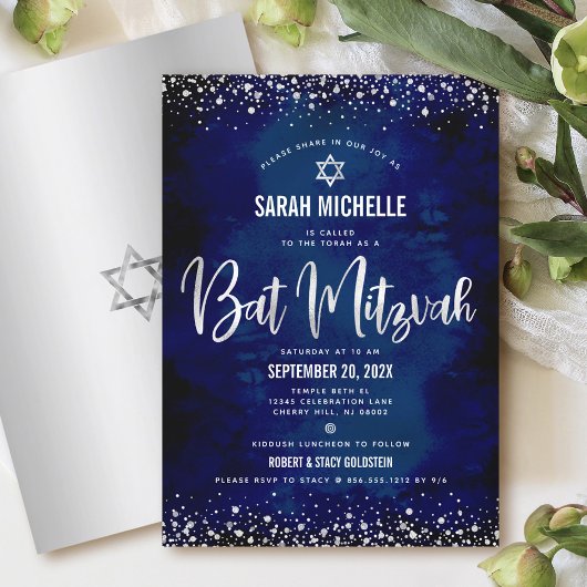 Invitation Bat mitzvah Moderne Marine Argent Parties scintill