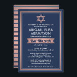 Invitation Bat mitzvah Moderne Marine Bleu rose Rose Or tenda<br><div class="desc">Famille Invitation et amis à une cérémonie et une célébration bat mitzvah élégante avec une élégante invitation marine bleu, blanc et rose rosé or rose. Tout le texte sur ce modèle est simple à customiser avec n'importe quel libellé concernant le service, la lecture de la Torah, et la partie. Le...</div>