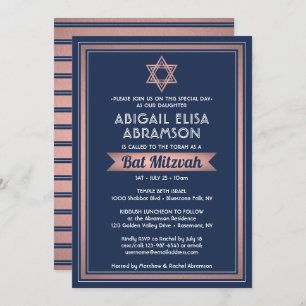 Invitation Bat mitzvah Moderne Marine Bleu rose Rose Or tenda