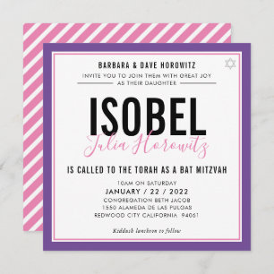 Invitation BAT MITZVAH moderne minimaliste couleur rose viole