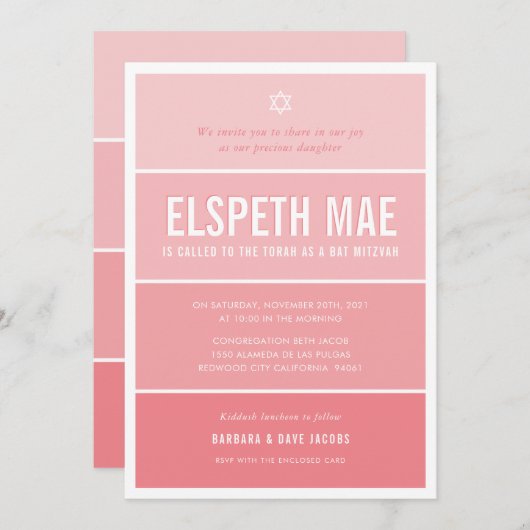 Invitation BAT MITZVAH moderne ombre dégradé cool corail rose (Devant / Derrière)