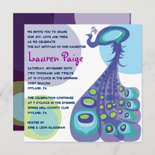 Invitation Bat mitzvah moderne Peacock Bar (Devant / Derrière)
