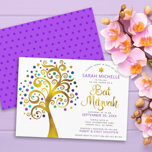 Invitation Bat mitzvah Moderne Purple Gold Foil Arbre de vie