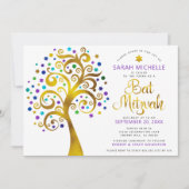 Invitation Bat mitzvah Moderne Purple Gold Foil Arbre de vie (Devant)