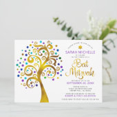 Invitation Bat mitzvah Moderne Purple Gold Foil Arbre de vie (Debout devant)