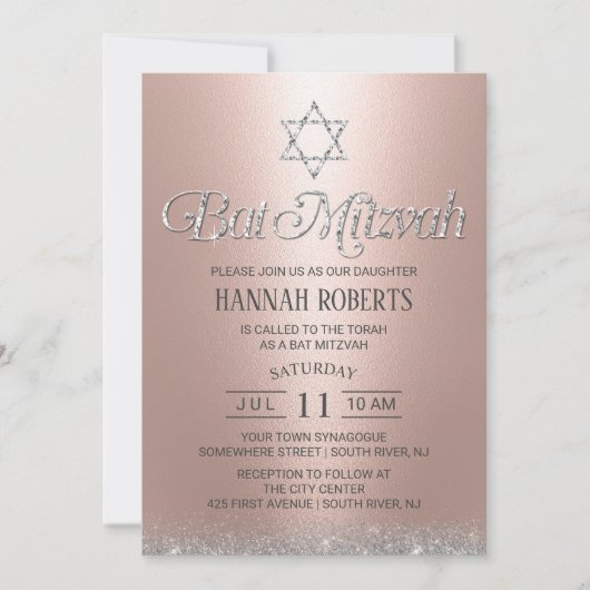 Invitation Bat mitzvah Moderne Rose Gold Sparkling Typographi (Devant)