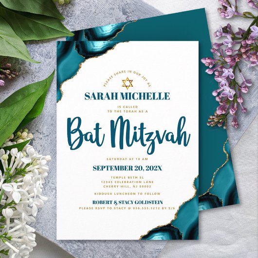 Invitation Bat Mitzvah Moderne Simple Agate Turquoise Script