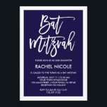 Invitation Bat mitzvah moderne simple de typographie du bleu<br><div class="desc">Cette invitation simple pourtant élégante de bat mitzvah comporte un arrière - plan coloré de bleu marine avec une frontière blanche,  et la typographie blanche moderne.</div>