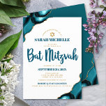 Invitation Bat mitzvah Moderne Simple Turquoise Agate Script<br><div class="desc">Soyez fier, réjouissez-vous et présentez cette étape importante de votre Bat mitzvah préféré ! Envoyer cette invitation cool, unique, moderne, personnalisée pour un événement à retenir. La typographie de script bleu foncé et l'étoile faux or de David superposent un arrière - plan blanc simple et propre avec agate bleu turquoise...</div>