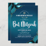 Invitation Bat mitzvah Moderne Turquoise Ombre Agate Script<br><div class="desc">Soyez fier, réjouissez-vous et présentez cette étape importante de votre Bat mitzvah préféré ! Envoyez cette invitation de nom hébreu, cool, unique, moderne, personnalisée, pour un événement à retenir. La typographie en écriture blanche et une fausse étoile d'or de David superposent un turquoise bleu foncé et turquoise profond arrière -...</div>