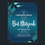 Invitation Bat mitzvah Moderne Turquoise Ombre Agate Script<br><div class="desc">Soyez fier, réjouissez-vous et présentez cette étape importante de votre Bat mitzvah préféré ! Envoyez cette invitation de nom hébreu, cool, unique, moderne, personnalisée, pour un événement à retenir. La typographie en écriture blanche et une fausse étoile d'or de David superposent un turquoise bleu foncé et turquoise profond arrière -...</div>
