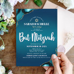 Invitation Bat mitzvah Moderne Turquoise Ombre Agate Script<br><div class="desc">Soyez fier, réjouissez-vous et présentez cette étape importante de votre Bat mitzvah préféré ! Envoyez cette invitation de nom hébreu, cool, unique, moderne, personnalisée, pour un événement à retenir. La typographie en écriture blanche et une fausse étoile d'or de David superposent un turquoise bleu foncé et turquoise profond arrière -...</div>