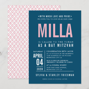 Invitation BAT MITZVAH moderne type bloc marine bleu rose