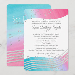 Invitation Bat mitzvah musical Aquarelle et Argent