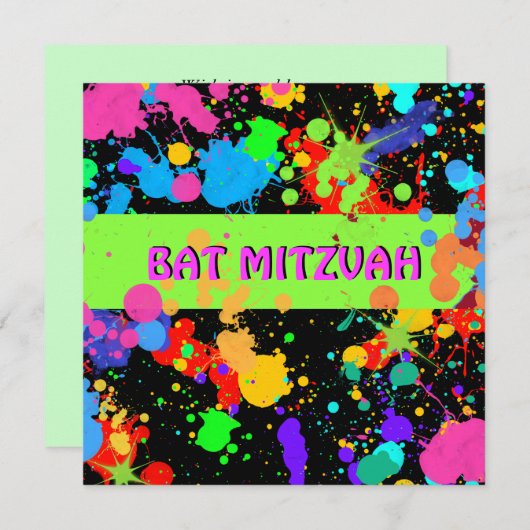 Invitation bat mitzvah, Neon Paint Splatter (Devant / Derrière)