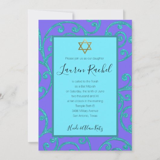 Invitation Bat mitzvah N'Importe Quelle Couleur Aqua Scroll D (Devant)