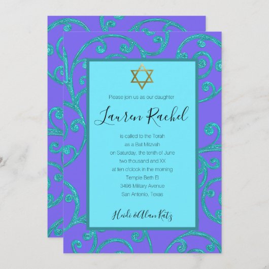 Invitation Bat mitzvah N'Importe Quelle Couleur Aqua Scroll D (Devant / Derrière)