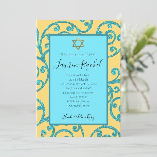Invitation Bat mitzvah N'Importe Quelle Couleur Aqua Scroll D (Debout devant)