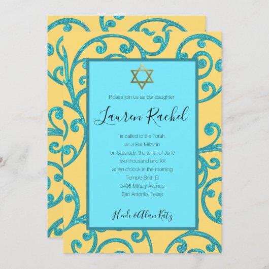 Invitation Bat mitzvah N'Importe Quelle Couleur Aqua Scroll D (Devant / Derrière)
