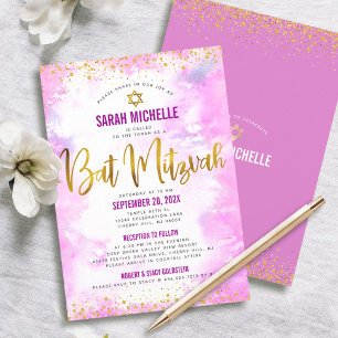 Invitation Bat Mitzvah Or Doré Pailleté Rose Aquarelle 2 Lieu