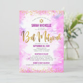 Invitation Bat Mitzvah Or Pailleté Aquarelle Rose 2 Lieu (Debout devant)