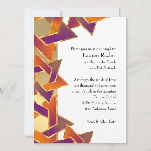 Invitation Bat mitzvah orange violet étoile de David N'import (Devant)