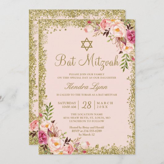 Invitation Bat mitzvah | Parties scintillant d'or rose pâle F (Devant / Derrière)