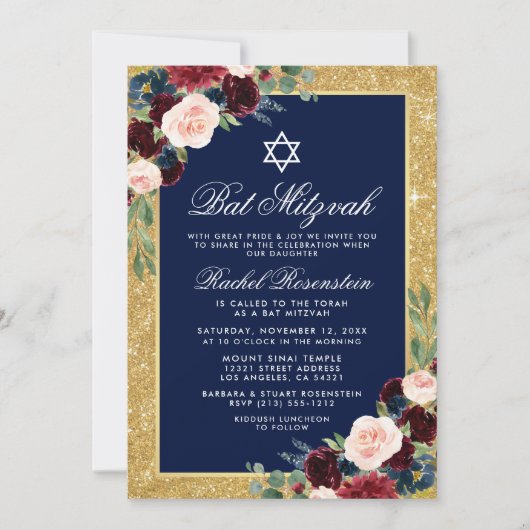Invitation Bat mitzvah Parties scintillant or Floral Bourgogn (Devant)