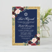 Invitation Bat mitzvah Parties scintillant or Floral Bourgogn (Debout devant)