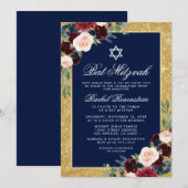 Invitation Bat mitzvah Parties scintillant or Floral Bourgogn (Devant / Derrière)