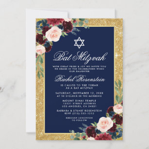 Invitation Bat mitzvah Parties scintillant or Floral Bourgogn