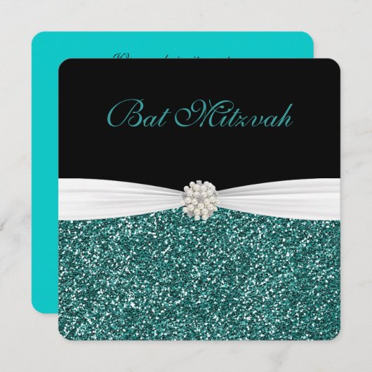 Invitation Bat mitzvah, Parties scintillant Turquoise, Invita (Devant / Derrière)