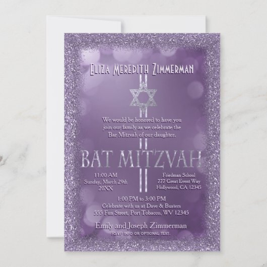 Invitation Bat mitzvah | Parties scintillant violette (Devant)