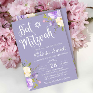 Invitation Bat mitzvah Pastel Purple Floral Blanc Script