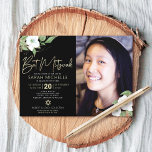 Invitation Bat mitzvah photo Aquarelle Florale d'or noir<br><div class="desc">Soyez fier, réjouissez-vous et présentez cette étape de votre Bat mitzvah préféré avec cette invitation photo sophistiquée et personnalisée ! Une aquarelle florale chic, étonnante, blanche et dorée parties scintillant avec typographie de script de feuille d'or et type san serif blanc recouvre un arrière - plan noir spectaculaire sur le...</div>