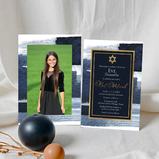 Invitation Bat mitzvah photo bleu doré Abstrait