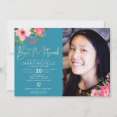 Invitation Bat mitzvah photo bleu floral Aquarelle Script (Devant)