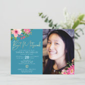 Invitation Bat mitzvah photo bleu floral Aquarelle Script (Debout devant)