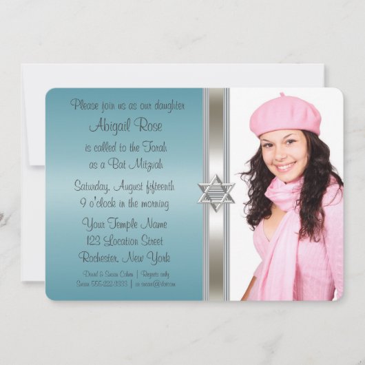 Invitation Bat mitzvah photo bleu turquoise (Devant)