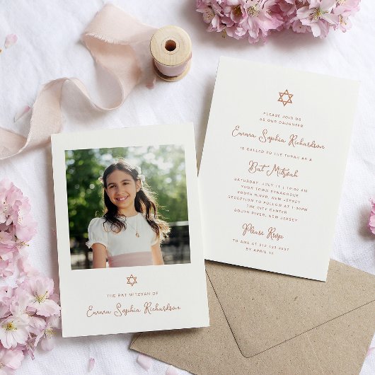 Invitation Bat mitzvah photo en or doux et simple Faux Rose