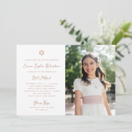 Invitation Bat mitzvah photo en or doux et simple Faux Rose (Debout devant)