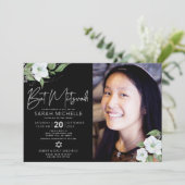 Invitation Bat mitzvah photo noir Argent Floral Aquarelle (Debout devant)