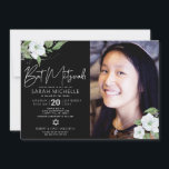 Invitation Bat mitzvah photo noir Argent Floral Aquarelle<br><div class="desc">Soyez fier, réjouissez-vous et présentez cette étape de votre Bat mitzvah préféré avec cette invitation photo sophistiquée et personnalisée ! Une aquarelle florale chic, étonnante, blanche et fausse parties scintillant argentée, une typographie en faux feuille d'argent et un type sans serif blanc superposent un arrière - plan noir spectaculaire sur...</div>