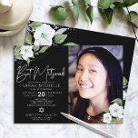 Invitation Bat mitzvah photo noir Argent Floral Aquarelle<br><div class="desc">Soyez fier, réjouissez-vous et présentez cette étape de votre Bat mitzvah préféré avec cette invitation photo sophistiquée et personnalisée ! Une aquarelle florale chic, étonnante, blanche et fausse parties scintillant argentée, une typographie en faux feuille d'argent et un type sans serif blanc superposent un arrière - plan noir spectaculaire sur...</div>
