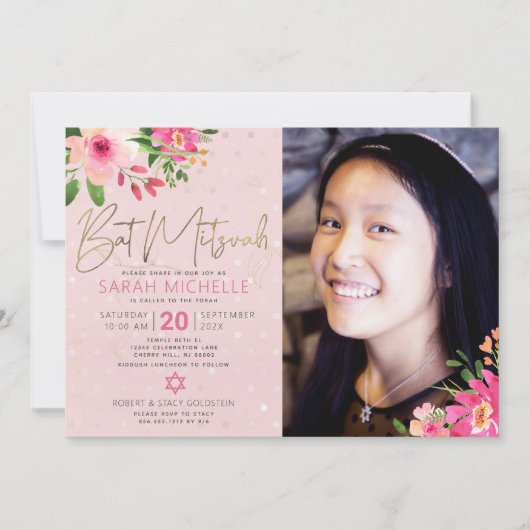 Invitation Bat mitzvah photo Pink Floral Aquarelle Script (Devant)