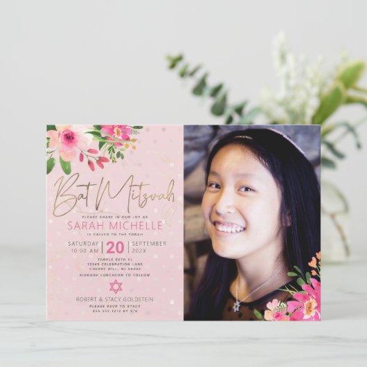 Invitation Bat mitzvah photo Pink Floral Aquarelle Script (Debout devant)