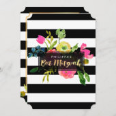 Invitation Bat mitzvah PixDezines aquarelle/florale/rayures (Devant / Derrière)