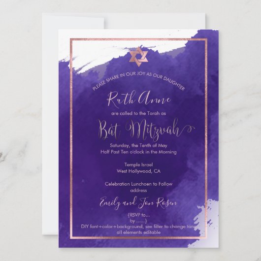 Invitation Bat mitzvah PixDezines |Aquarelle violette (Dos)